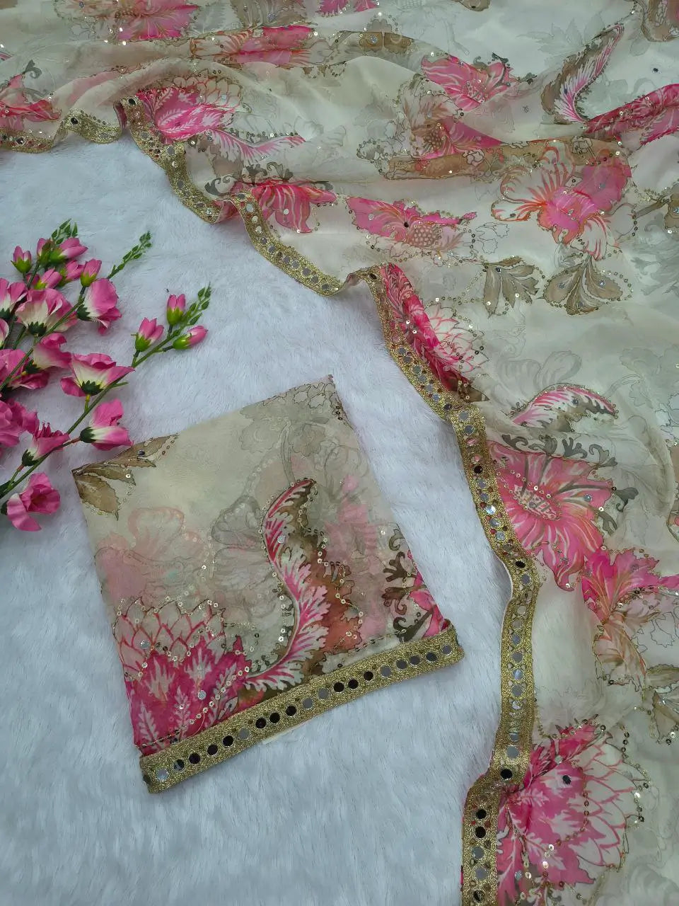 Premium Tabby Silk Floral Printed Saree with Real Mirror Handwork