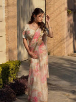 Premium Tabby Silk Floral Printed Saree with Real Mirror Handwork