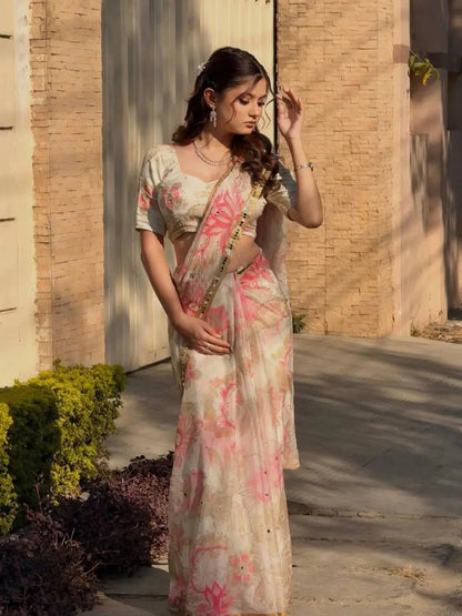 Premium Tabby Silk Floral Printed Saree with Real Mirror Handwork