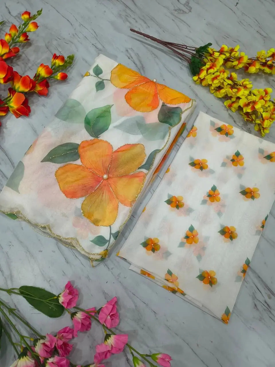 Premium Taby Silk Floral Handwork Saree