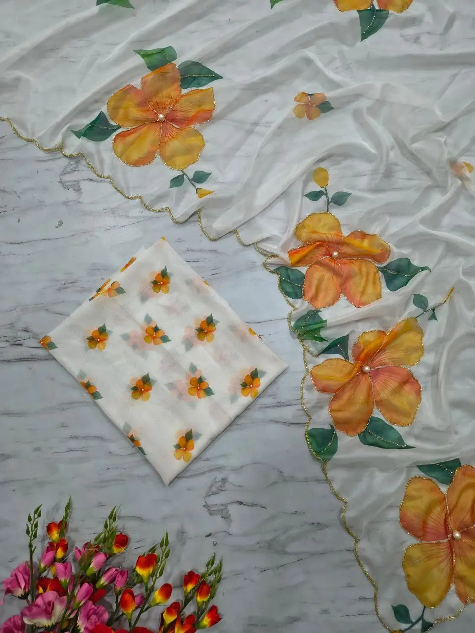 Premium Taby Silk Floral Handwork Saree