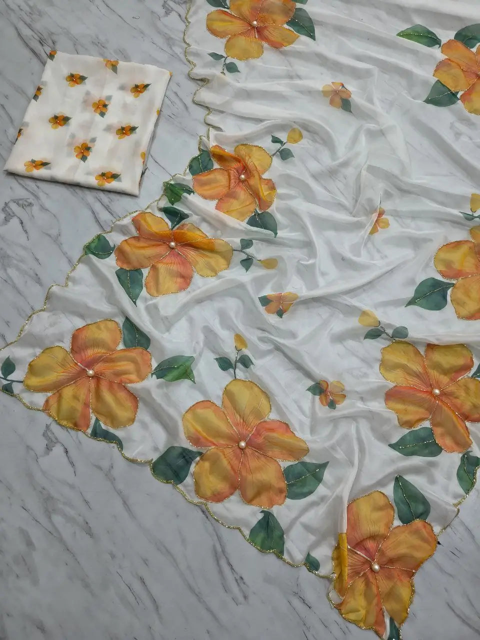 Premium Taby Silk Floral Handwork Saree