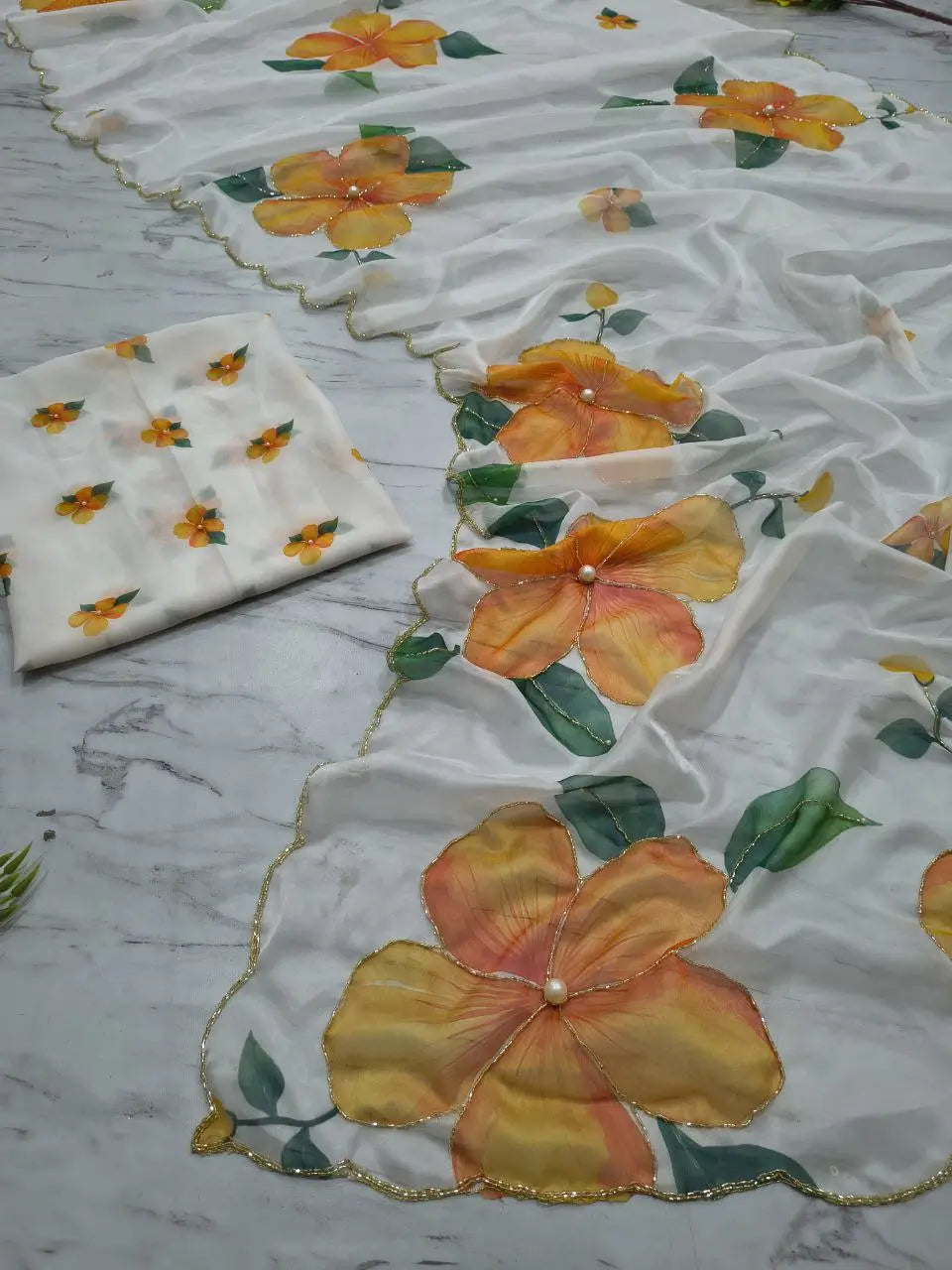 Premium Taby Silk Floral Handwork Saree