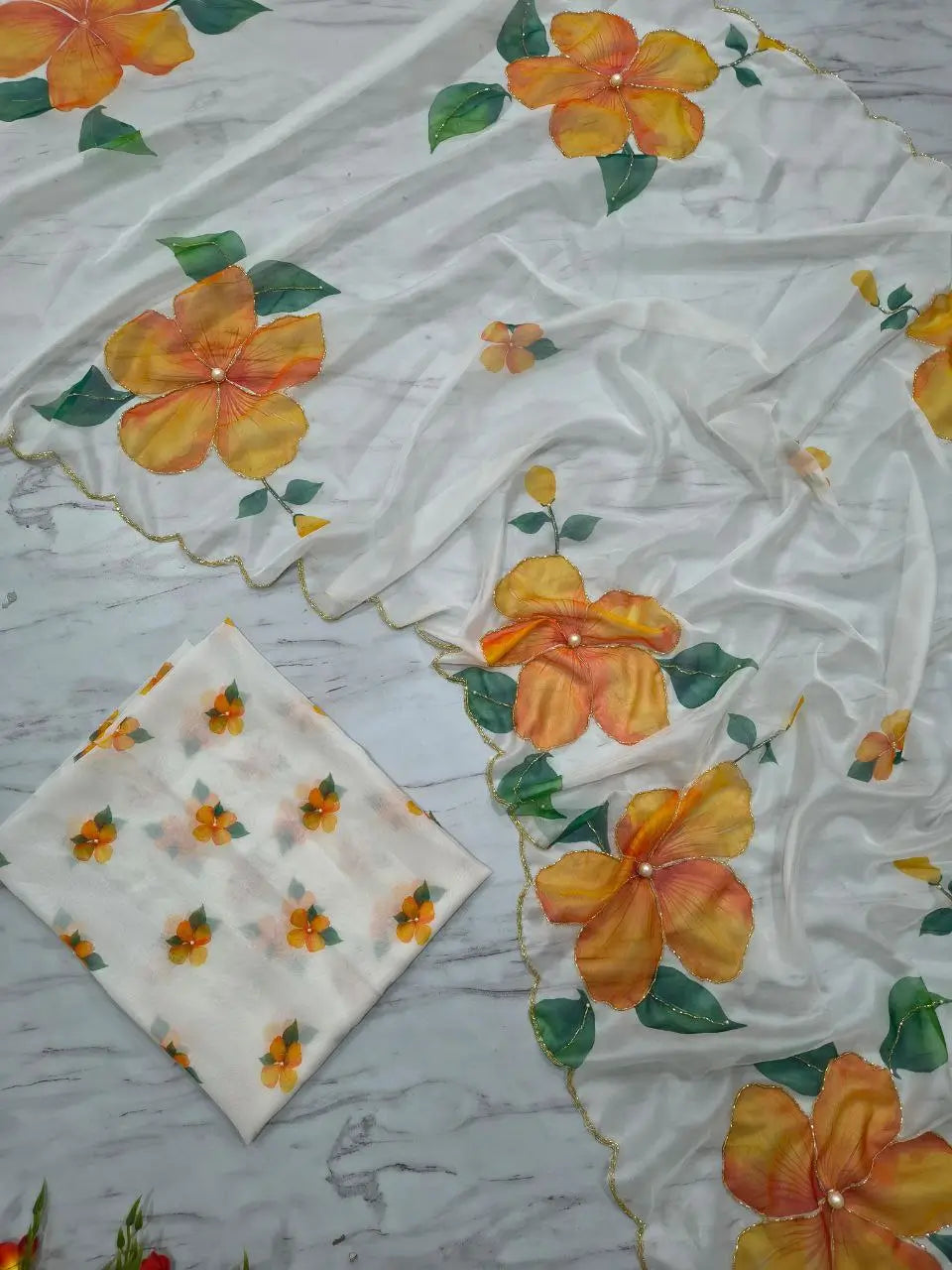 Premium Taby Silk Floral Handwork Saree