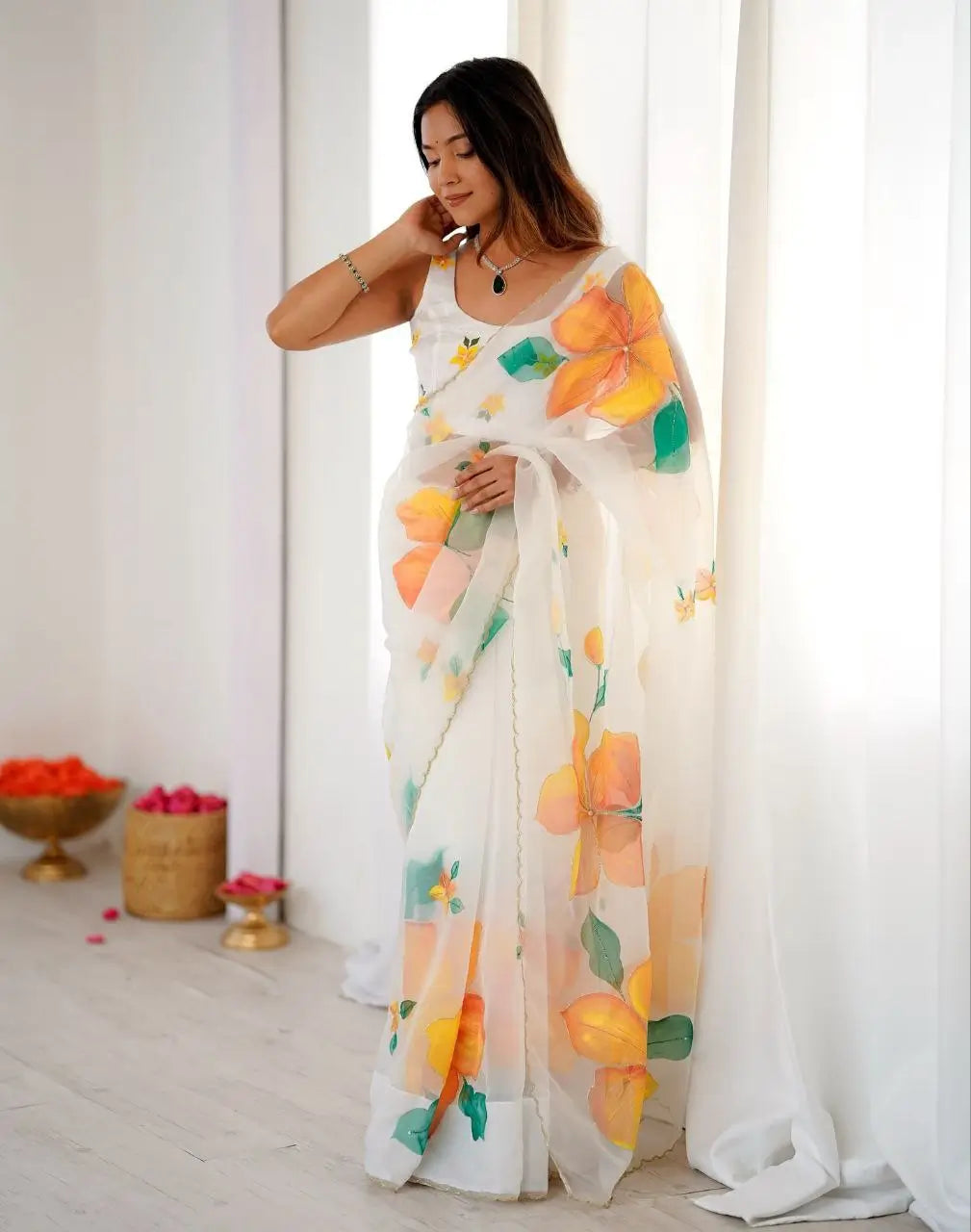 Premium Taby Silk Floral Handwork Saree