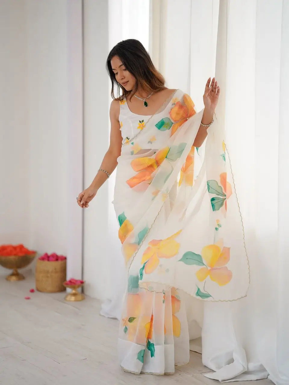 Premium Taby Silk Floral Handwork Saree