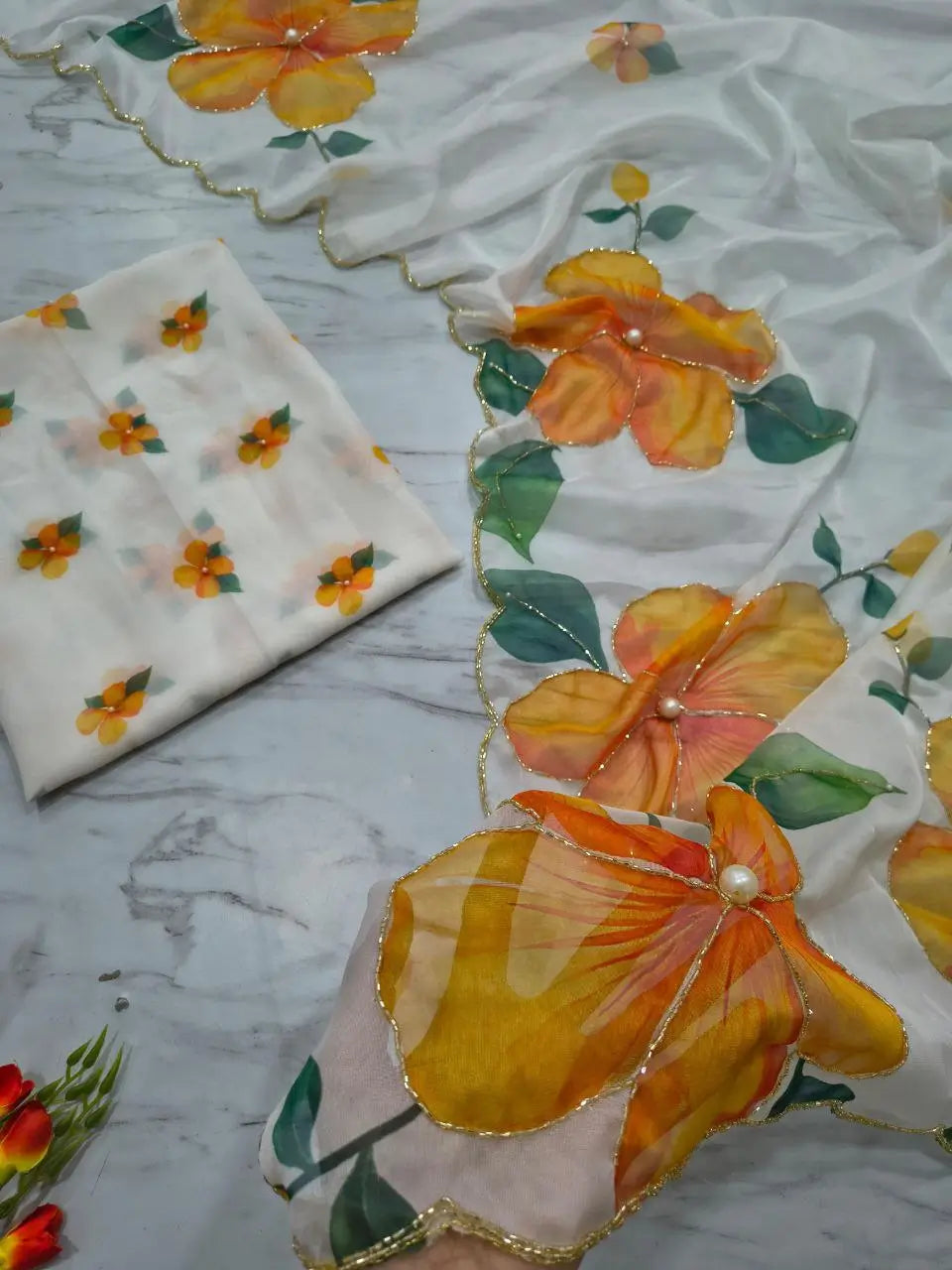 Premium Taby Silk Floral Handwork Saree