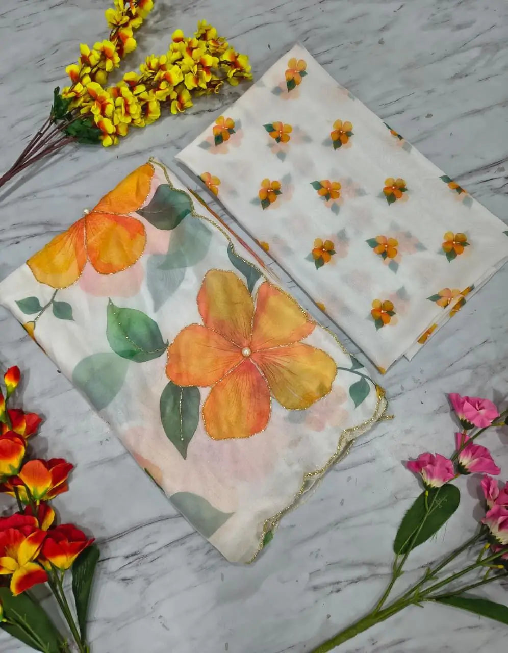 Premium Taby Silk Floral Handwork Saree