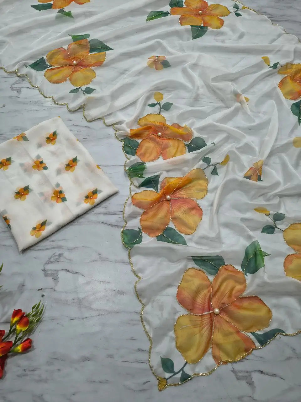 Premium Taby Silk Floral Handwork Saree