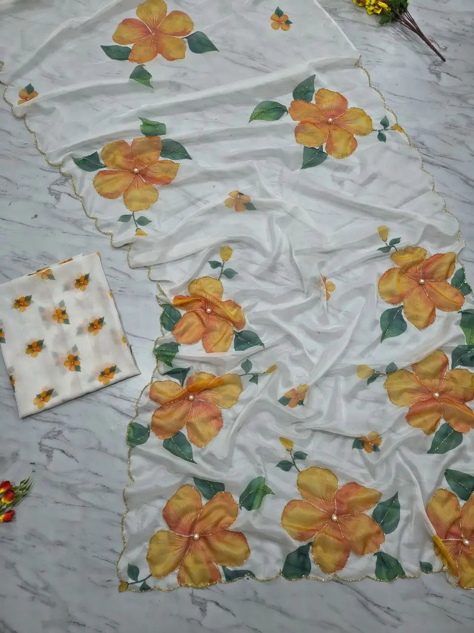 Premium Taby Silk Floral Handwork Saree