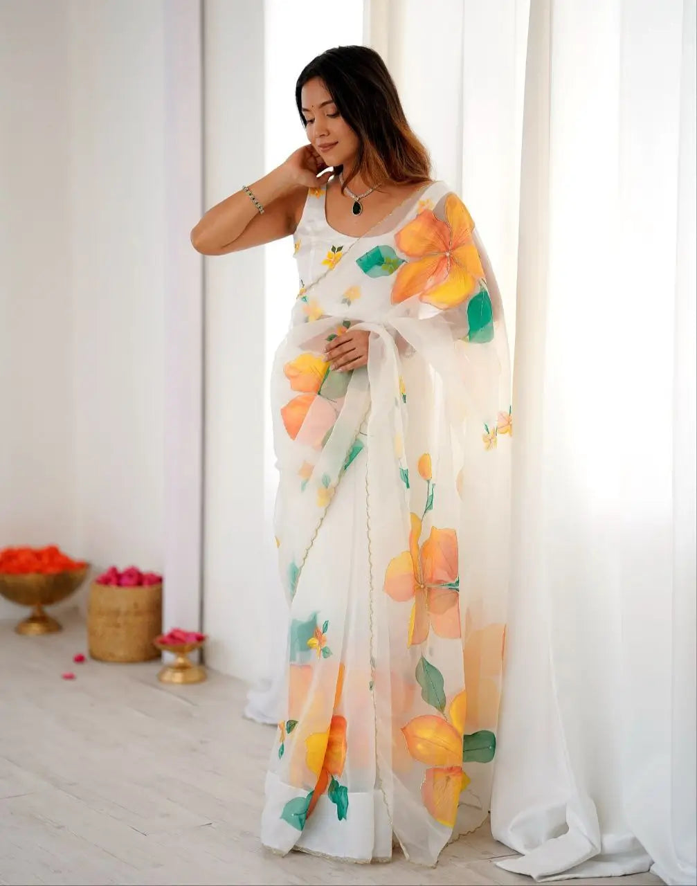 Premium Taby Silk Floral Handwork Saree