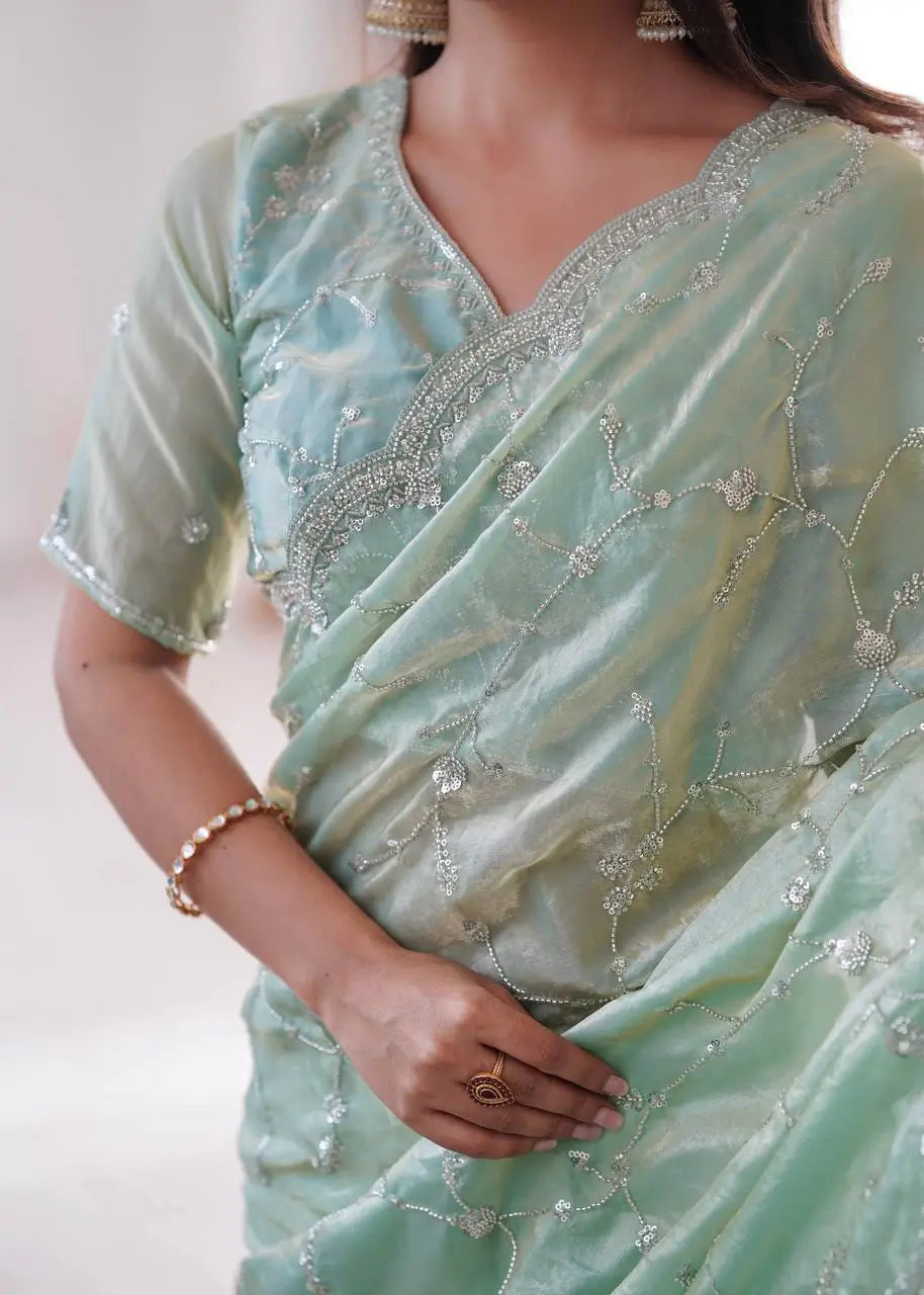 Premium Two Tone Silk Saree with Beads Work for Festive and Wedding Wear