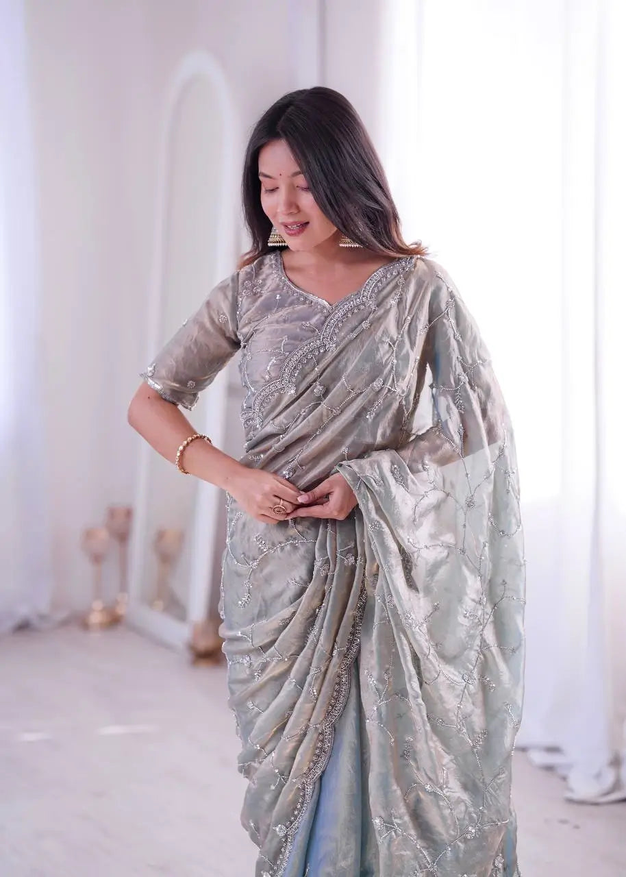 Premium Two Tone Silk Saree with Beads Work for Festive and Wedding Wear