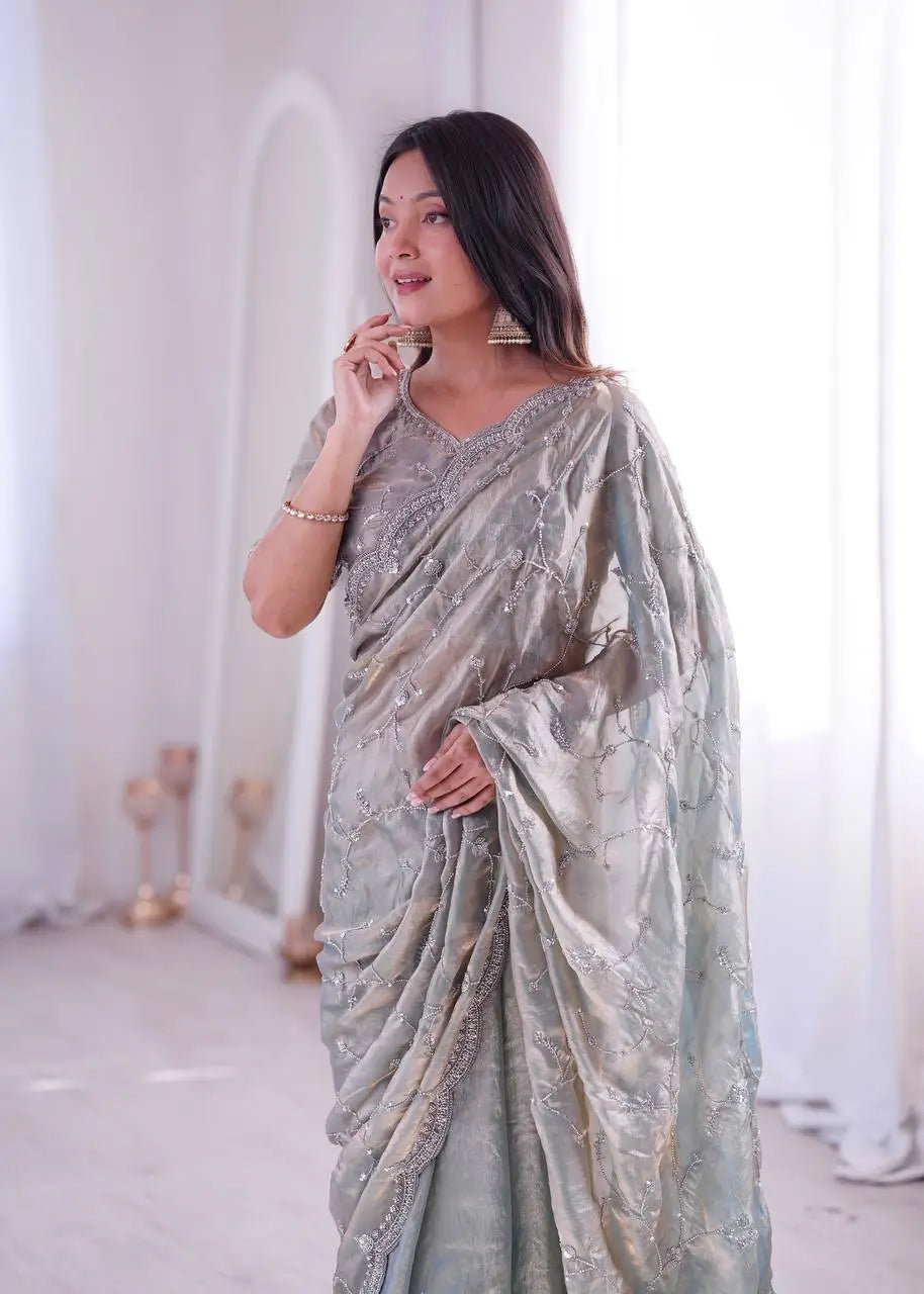 Premium Two Tone Silk Saree with Beads Work for Festive and Wedding Wear