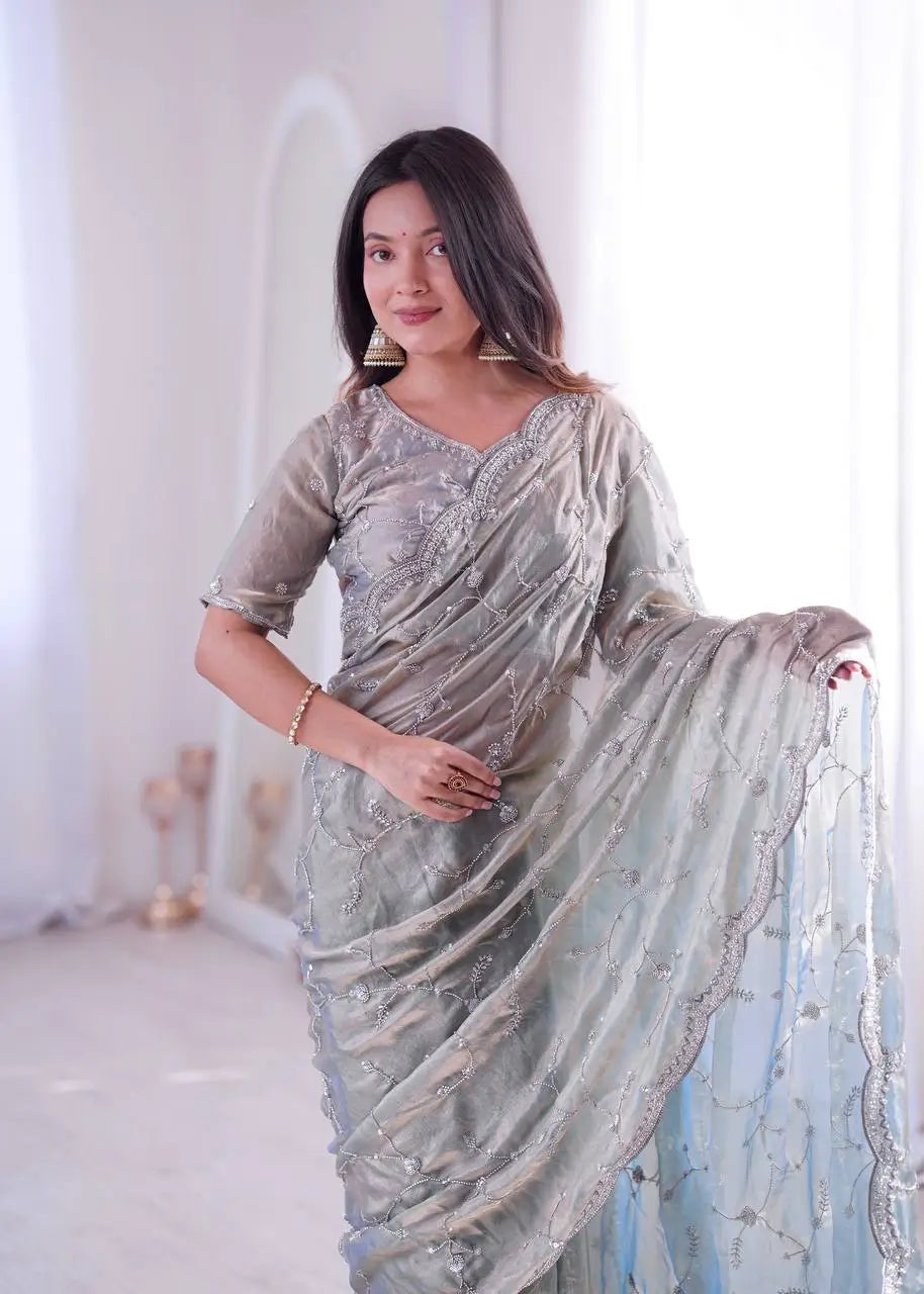 Premium Two Tone Silk Saree with Beads Work for Festive and Wedding Wear