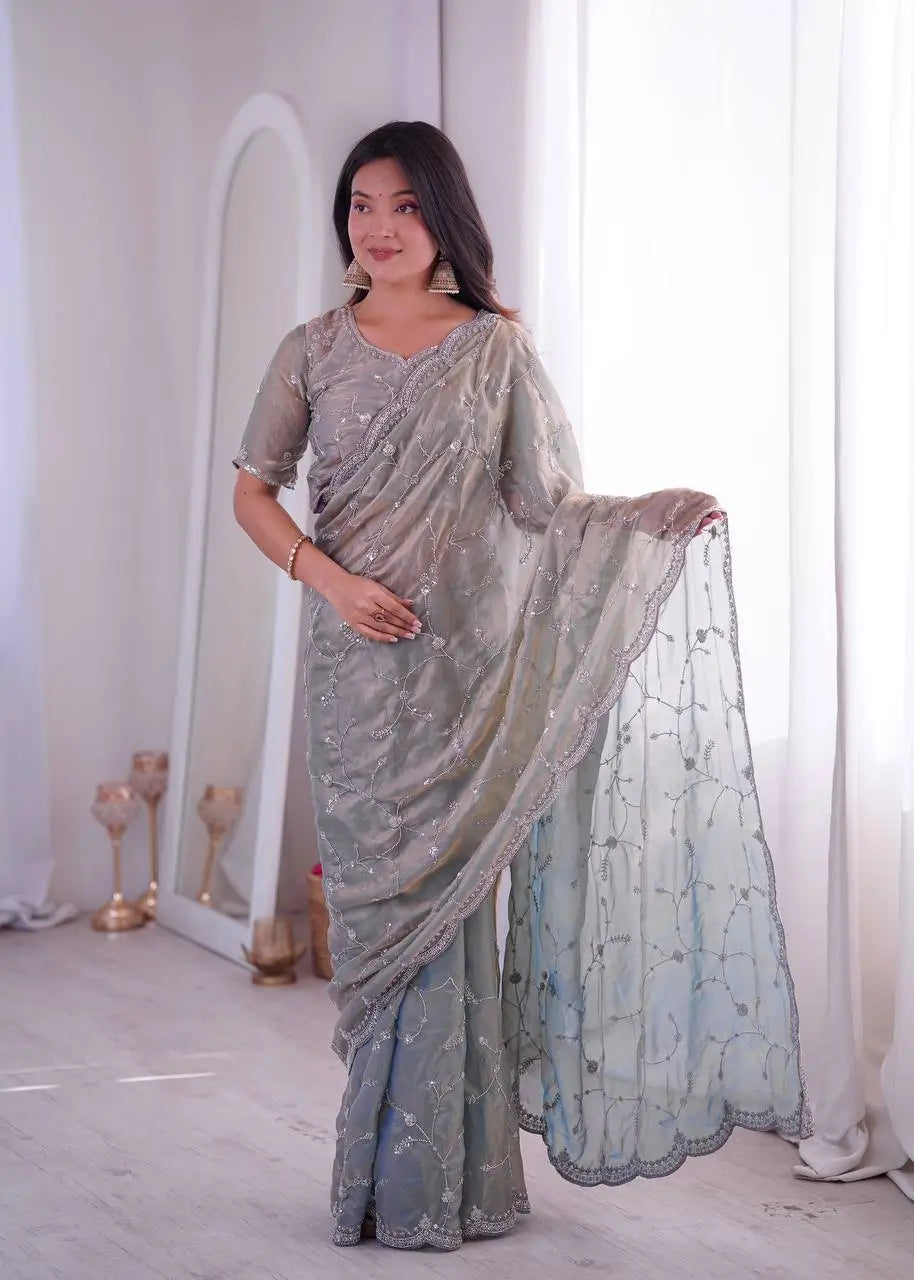 Premium Two Tone Silk Saree with Beads Work for Festive and Wedding Wear