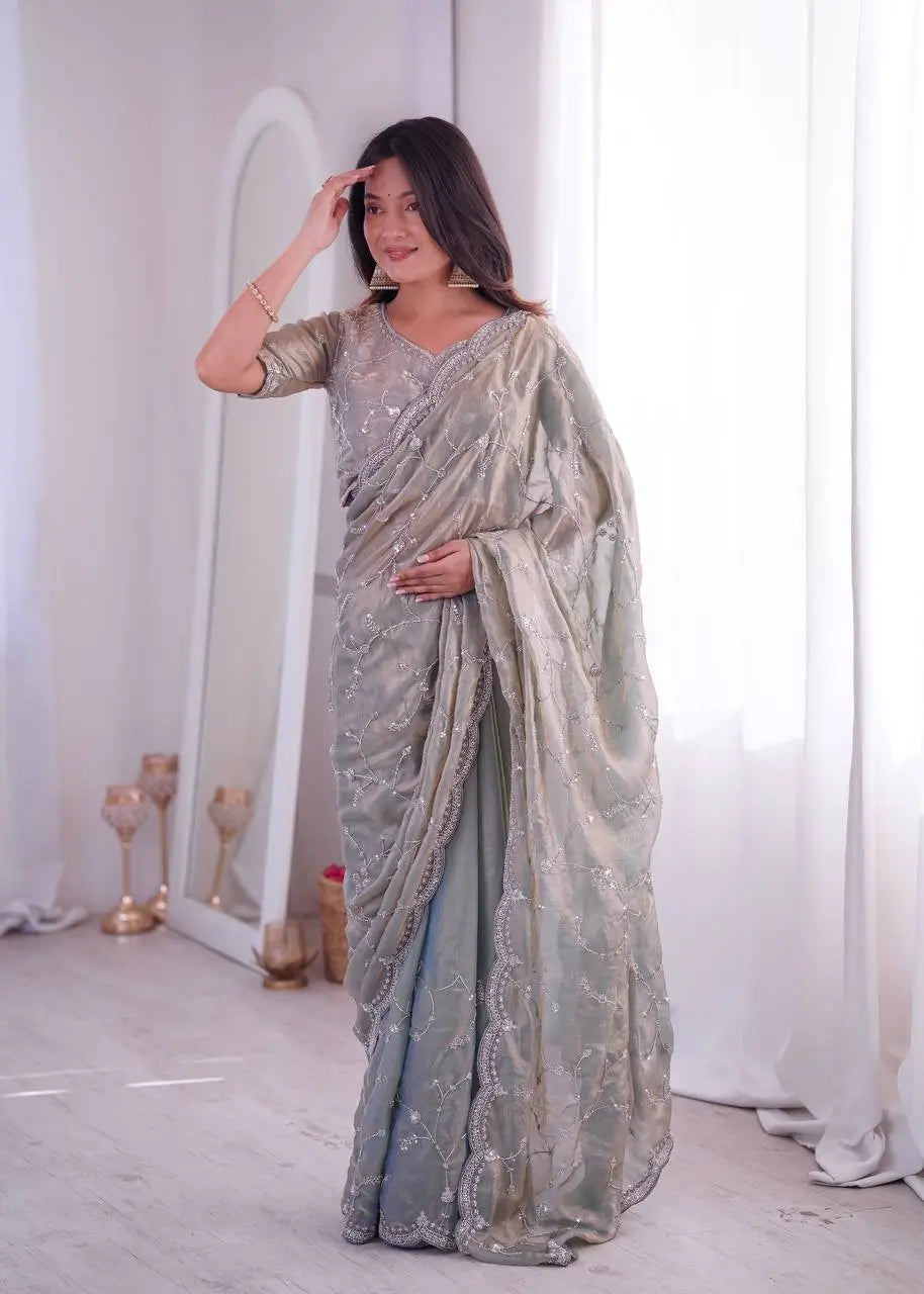 Premium Two Tone Silk Saree with Beads Work for Festive and Wedding Wear