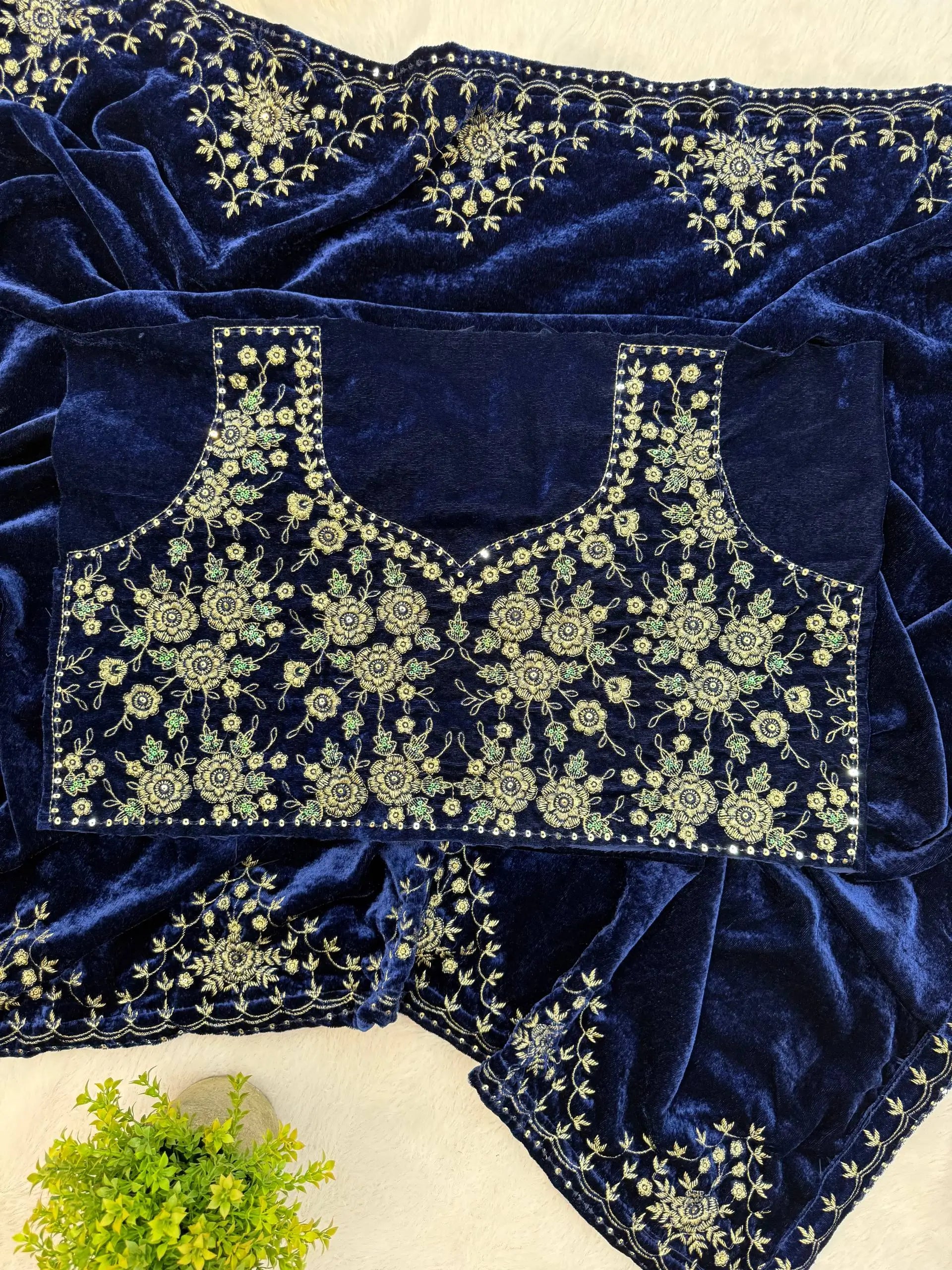 Premium Velvet Embroidered Wedding Saree with Blouse