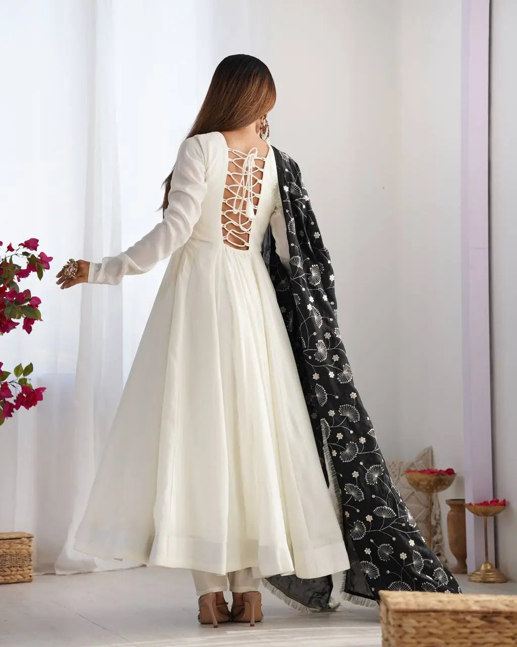 Premium Vichitra Silk Anarkali Set Backless Design with Contrast Dupat | Hansh Couture Premium Vichitra Silk Anarkali Set Backless Design with Contrast Dupat | Hansh Couture