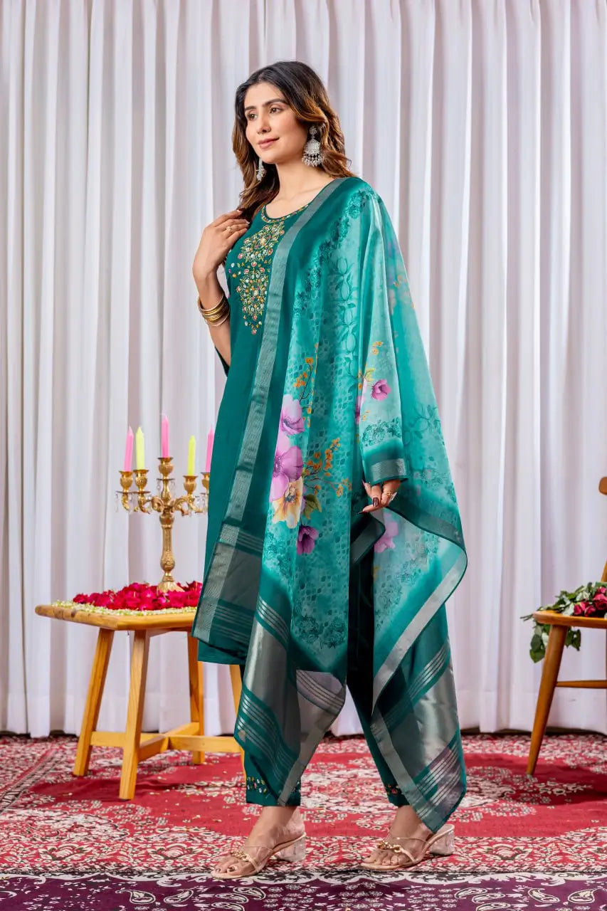 Premium Viscose Silk Embroidered Kurti Set with Pant & Chanderi Silk Digital Print Dupatta – Stitched 3-Piece Suit (5 Colors)
