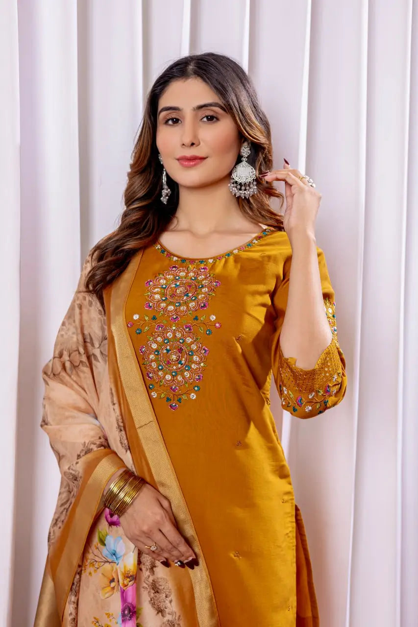 Premium Viscose Silk Embroidered Kurti Set with Pant & Chanderi Silk Digital Print Dupatta – Stitched 3-Piece Suit (5 Colors)