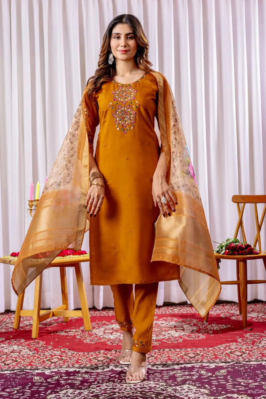 Premium Viscose Silk Embroidered Kurti Set with Pant & Chanderi Silk Digital Print Dupatta – Stitched 3-Piece Suit (5 Colors)