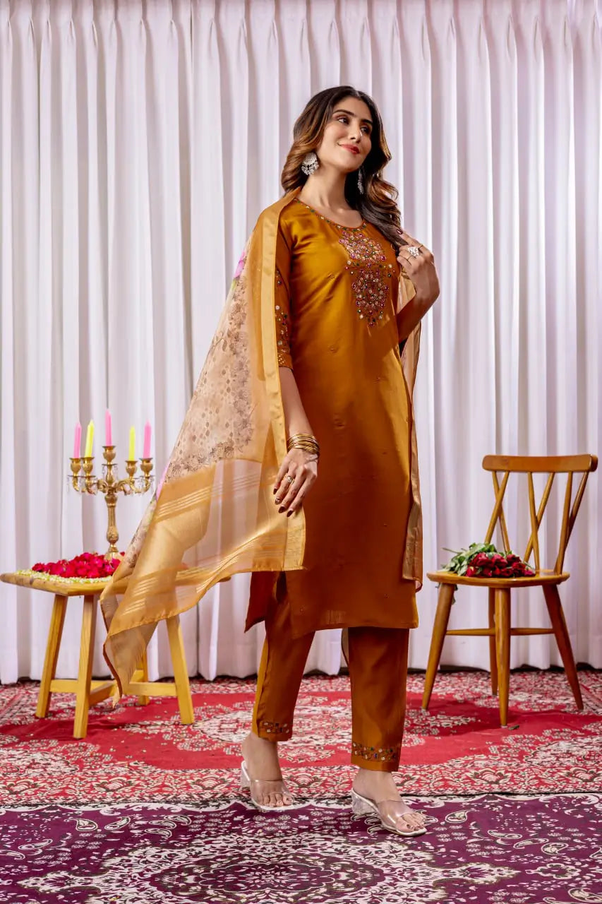Premium Viscose Silk Embroidered Kurti Set with Pant & Chanderi Silk Digital Print Dupatta – Stitched 3-Piece Suit (5 Colors)