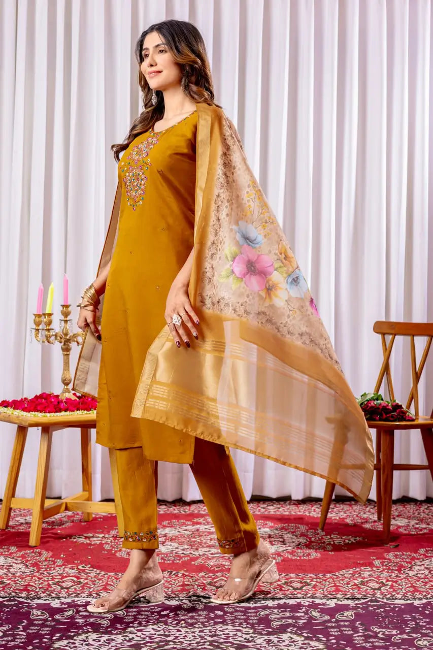 Premium Viscose Silk Embroidered Kurti Set with Pant & Chanderi Silk Digital Print Dupatta – Stitched 3-Piece Suit (5 Colors)