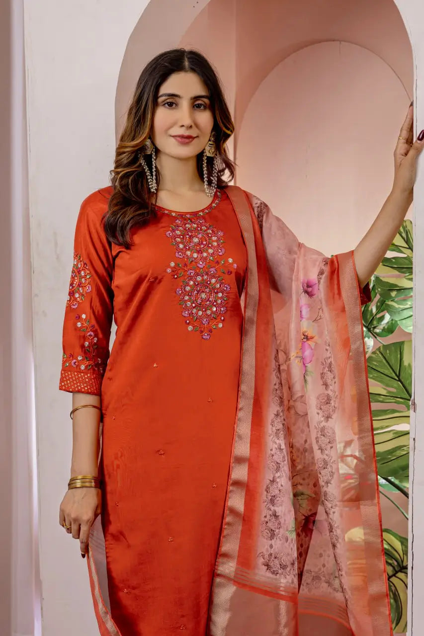 Premium Viscose Silk Embroidered Kurti Set with Pant & Chanderi Silk Digital Print Dupatta – Stitched 3-Piece Suit (5 Colors)