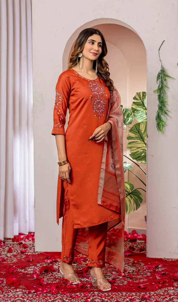 Premium Viscose Silk Embroidered Kurti Set with Pant & Chanderi Silk Digital Print Dupatta – Stitched 3-Piece Suit (5 Colors)