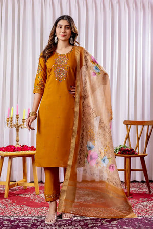 Premium Viscose Silk Embroidered Kurti Set with Pant & Chanderi Silk Digital Print Dupatta – Stitched 3-Piece Suit (5 Colors)