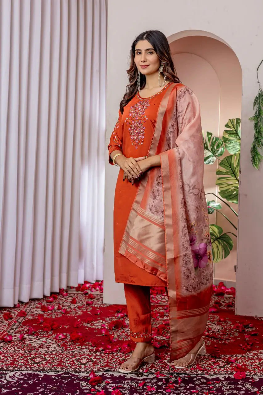 Premium Viscose Silk Embroidered Kurti Set with Pant & Chanderi Silk Digital Print Dupatta – Stitched 3-Piece Suit (5 Colors)