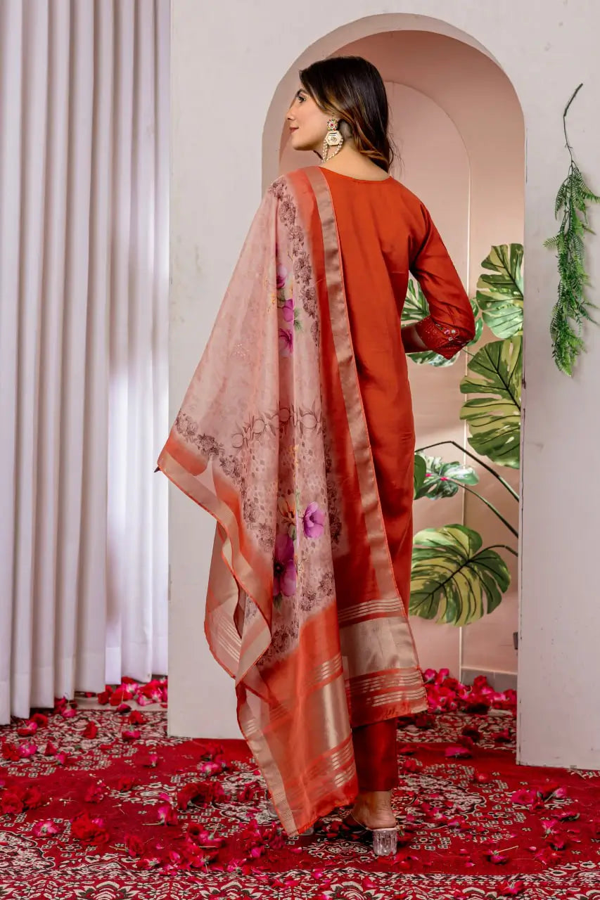 Premium Viscose Silk Embroidered Kurti Set with Pant & Chanderi Silk Digital Print Dupatta – Stitched 3-Piece Suit (5 Colors)