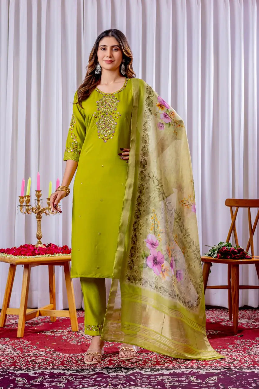 Premium Viscose Silk Embroidered Kurti Set with Pant & Chanderi Silk Digital Print Dupatta – Stitched 3-Piece Suit (5 Colors)