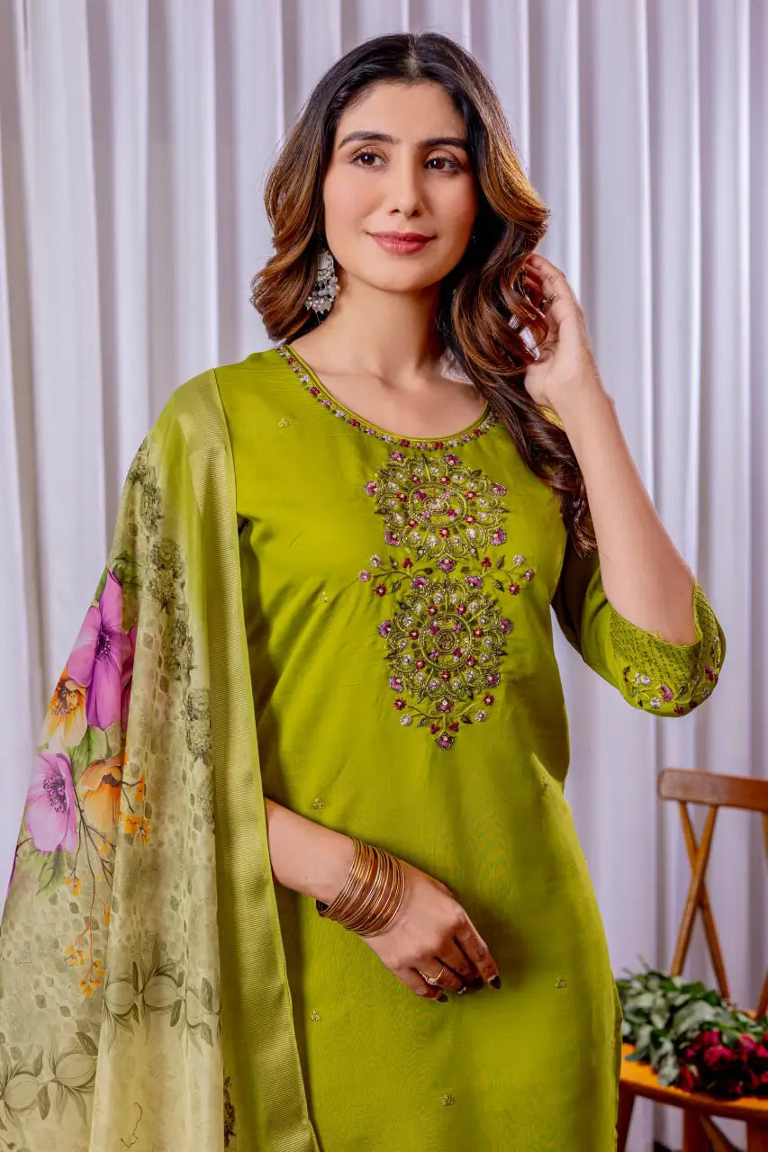 Premium Viscose Silk Embroidered Kurti Set with Pant & Chanderi Silk Digital Print Dupatta – Stitched 3-Piece Suit (5 Colors)