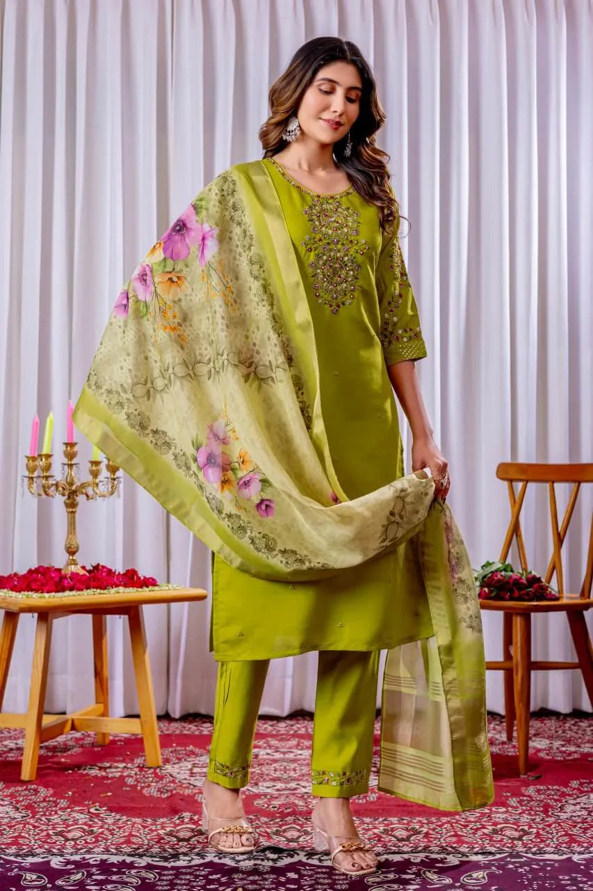 Premium Viscose Silk Embroidered Kurti Set with Pant & Chanderi Silk Digital Print Dupatta – Stitched 3-Piece Suit (5 Colors)