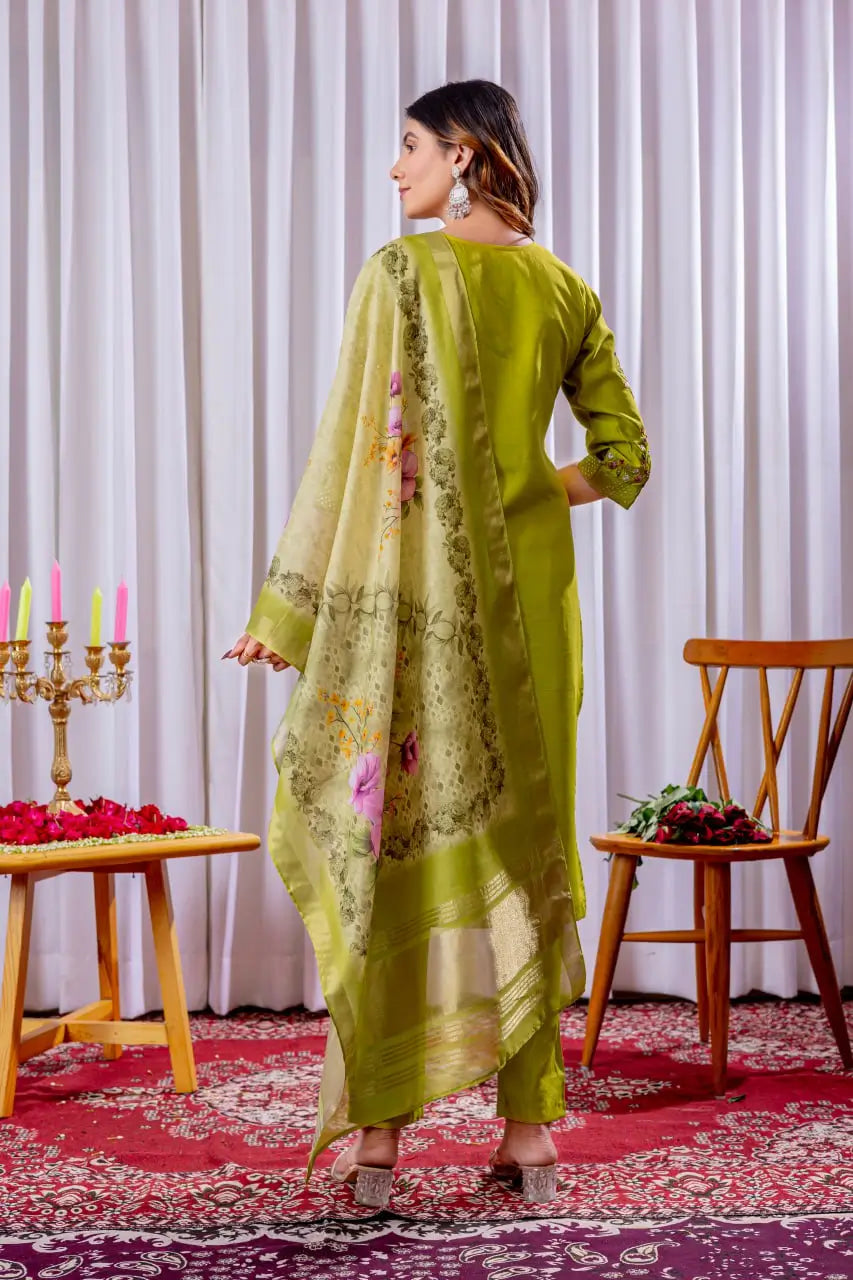 Premium Viscose Silk Embroidered Kurti Set with Pant & Chanderi Silk Digital Print Dupatta – Stitched 3-Piece Suit (5 Colors)