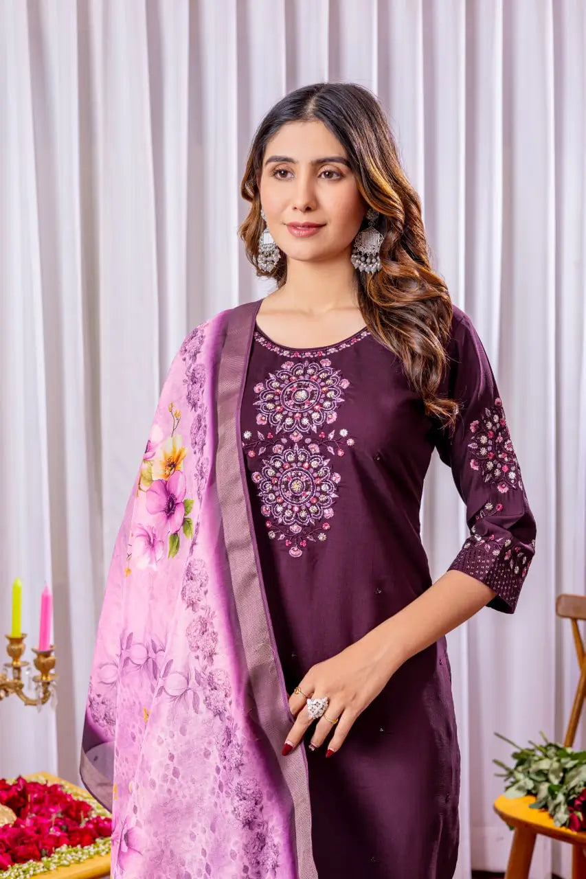 Premium Viscose Silk Embroidered Kurti Set with Pant & Chanderi Silk Digital Print Dupatta – Stitched 3-Piece Suit (5 Colors)