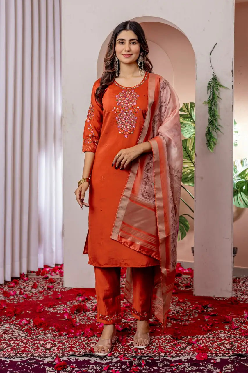 Premium Viscose Silk Embroidered Kurti Set with Pant & Chanderi Silk Digital Print Dupatta – Stitched 3-Piece Suit (5 Colors)