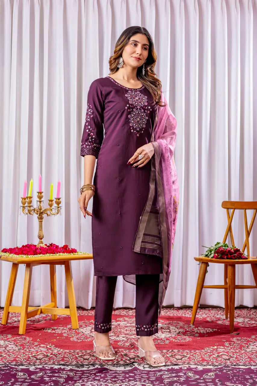 Premium Viscose Silk Embroidered Kurti Set with Pant & Chanderi Silk Digital Print Dupatta – Stitched 3-Piece Suit (5 Colors)