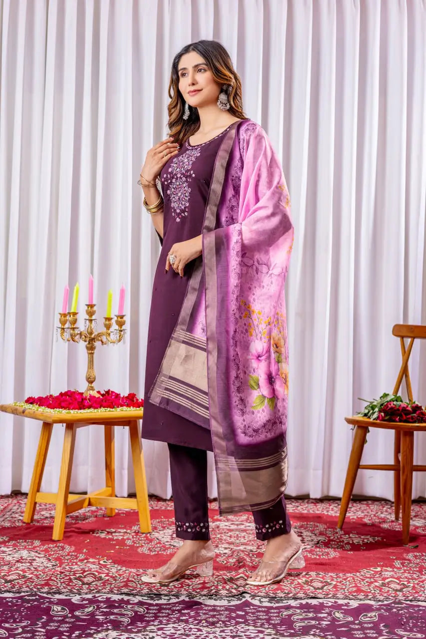 Premium Viscose Silk Embroidered Kurti Set with Pant & Chanderi Silk Digital Print Dupatta – Stitched 3-Piece Suit (5 Colors)