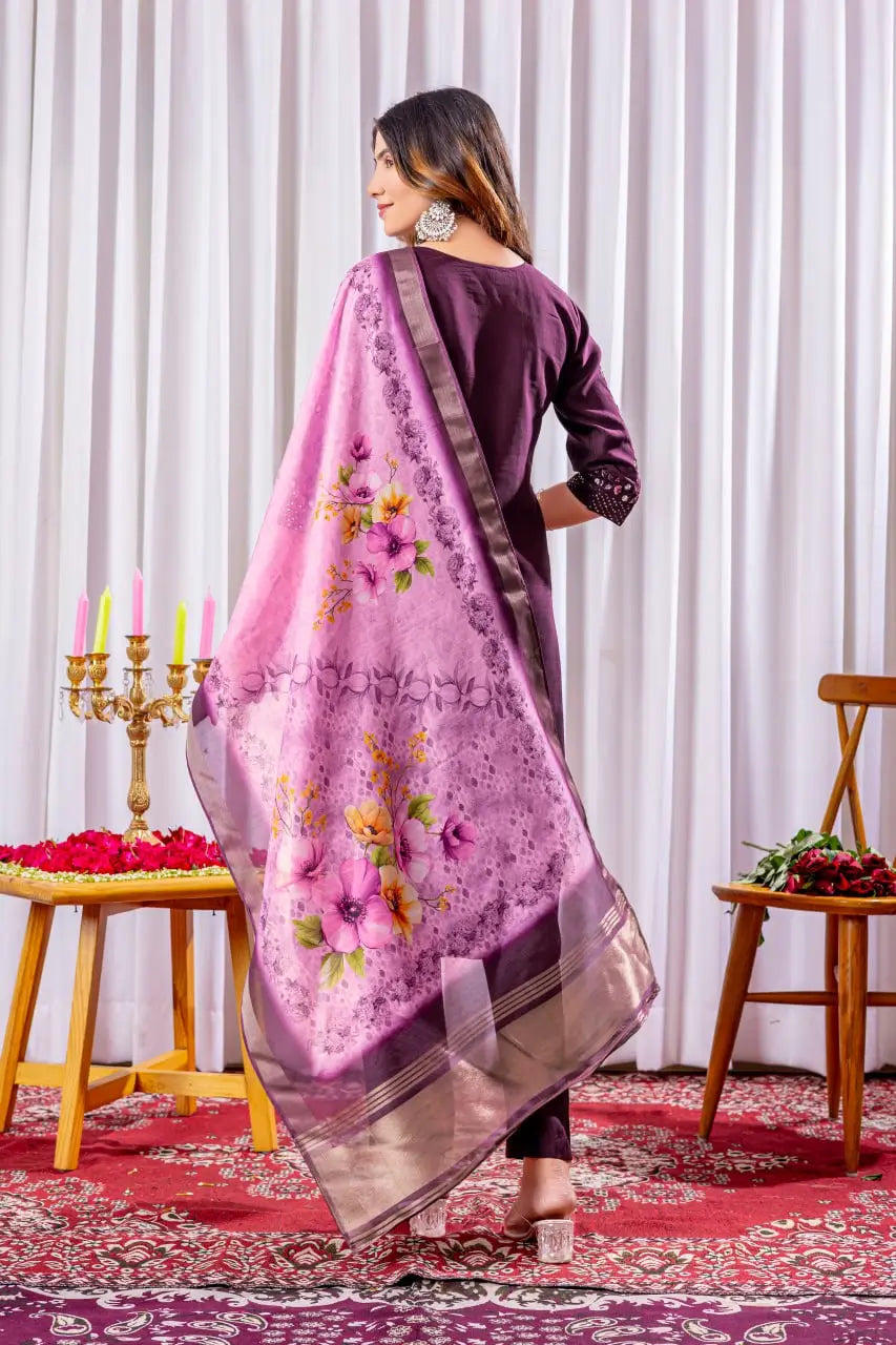 Premium Viscose Silk Embroidered Kurti Set with Pant & Chanderi Silk Digital Print Dupatta – Stitched 3-Piece Suit (5 Colors)