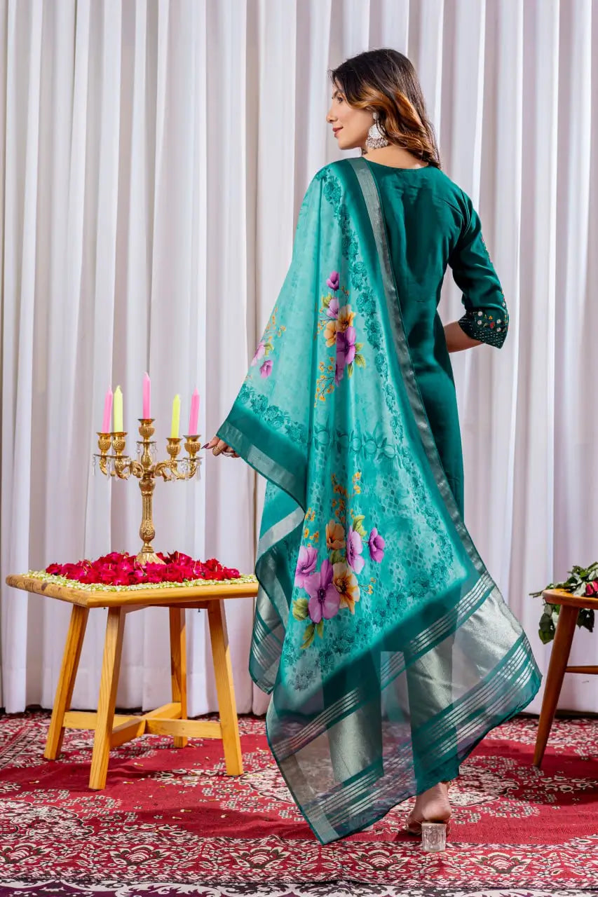 Premium Viscose Silk Embroidered Kurti Set with Pant & Chanderi Silk Digital Print Dupatta – Stitched 3-Piece Suit (5 Colors)