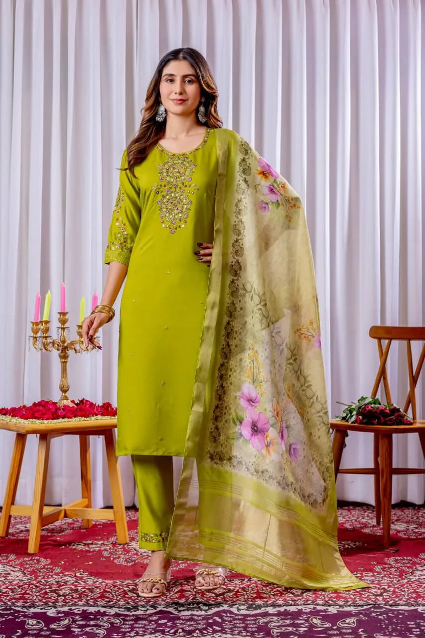 Premium Viscose Silk Embroidered Kurti Set with Pant & Chanderi Silk Digital Print Dupatta – Stitched 3-Piece Suit (5 Colors)