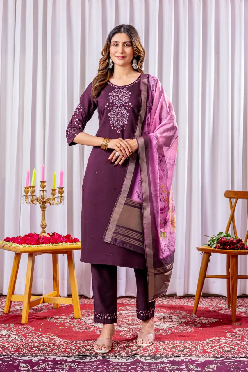 Premium Viscose Silk Embroidered Kurti Set with Pant & Chanderi Silk Digital Print Dupatta – Stitched 3-Piece Suit (5 Colors)