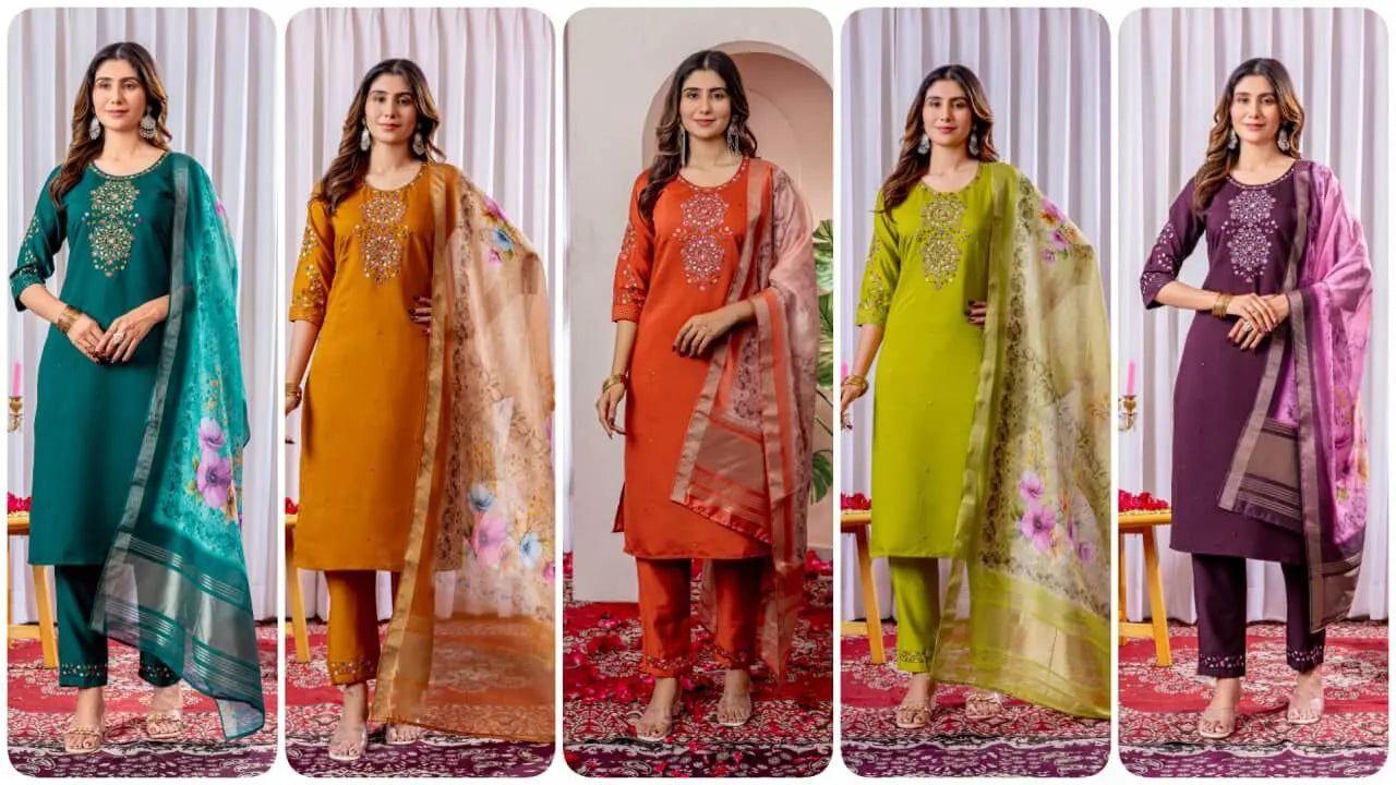Premium Viscose Silk Embroidered Kurti Set with Pant & Chanderi Silk Digital Print Dupatta – Stitched 3-Piece Suit (5 Colors)