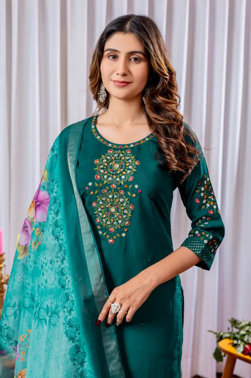 Premium Viscose Silk Embroidered Kurti Set with Pant & Chanderi Silk Digital Print Dupatta – Stitched 3-Piece Suit (5 Colors)