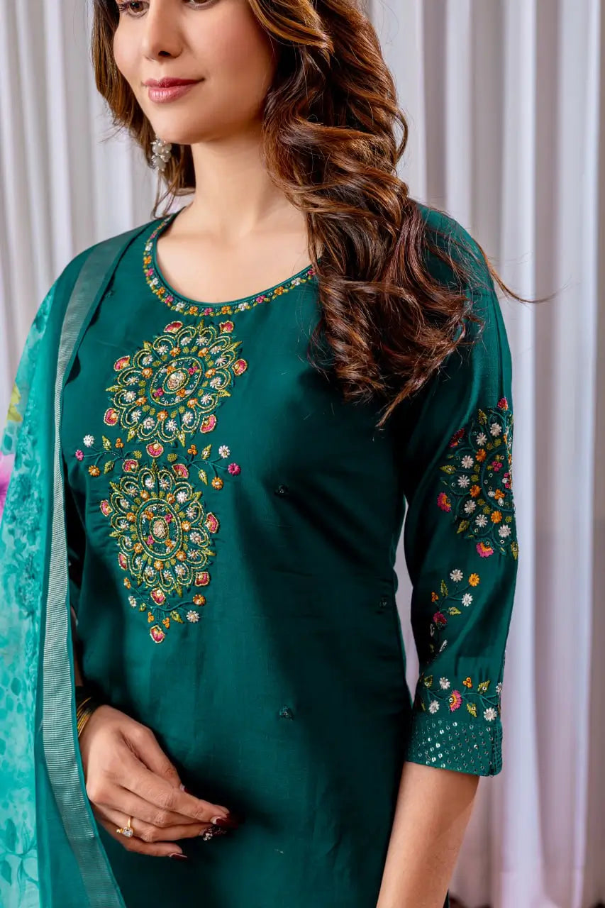 Premium Viscose Silk Embroidered Kurti Set with Pant & Chanderi Silk Digital Print Dupatta – Stitched 3-Piece Suit (5 Colors)