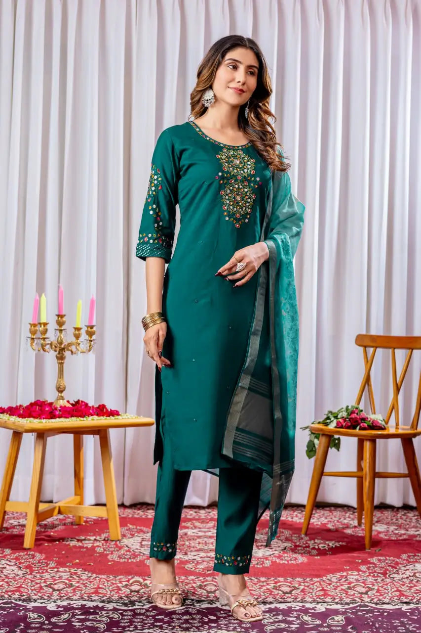 Premium Viscose Silk Embroidered Kurti Set with Pant & Chanderi Silk Digital Print Dupatta – Stitched 3-Piece Suit (5 Colors)