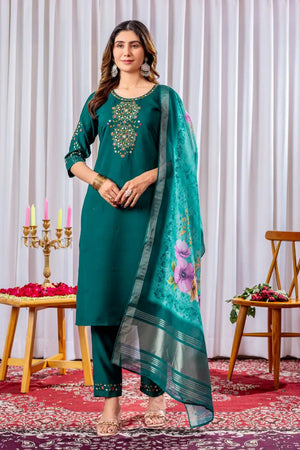 Premium Viscose Silk Embroidered Kurti Set with Pant & Chanderi Silk Digital Print Dupatta – Stitched 3-Piece Suit (5 Colors)